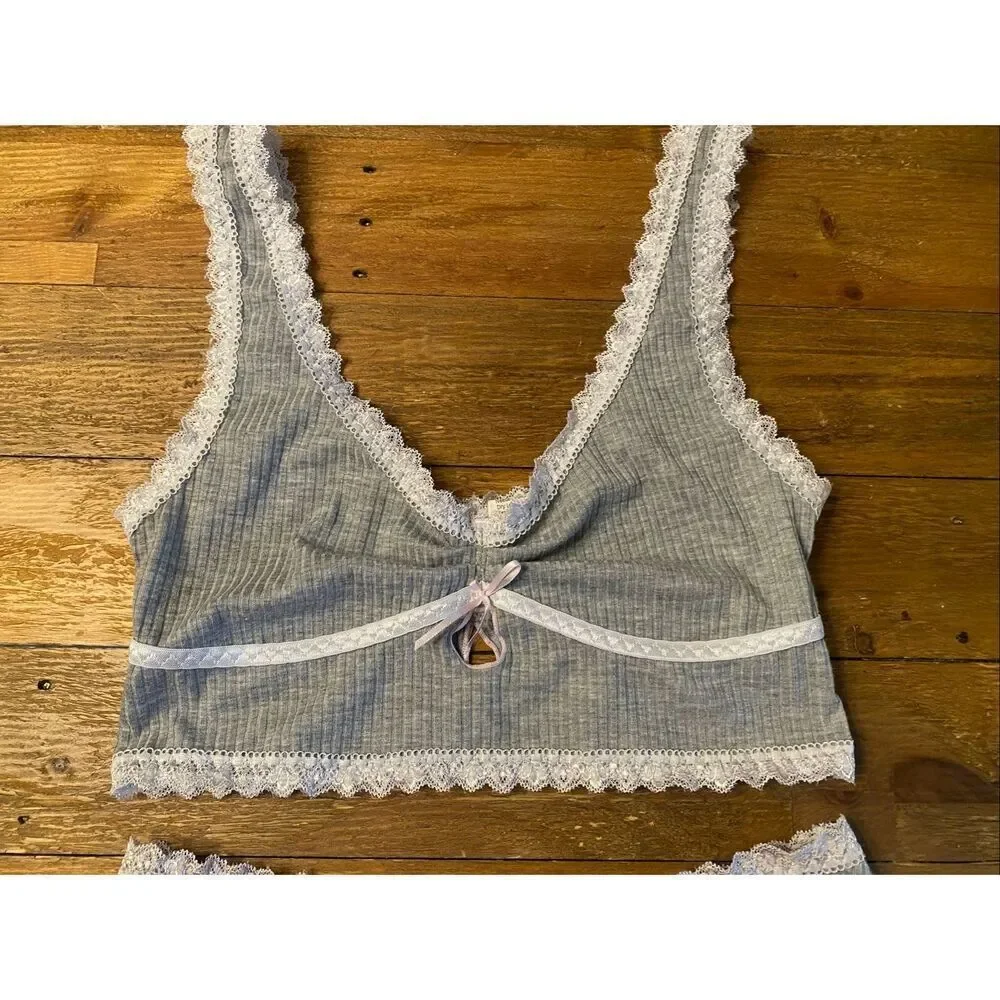 Sexy grey Medium comfort bra top milkmaid cute style bow sleep set